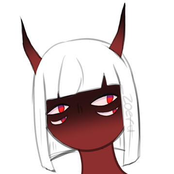 headshot and flat color example, a demon with multiple eyes, dark red skin and white hair